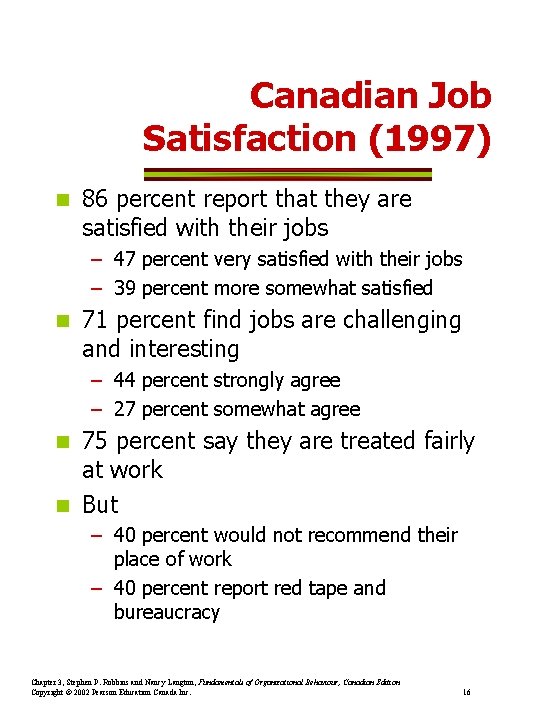 Canadian Job Satisfaction (1997) n 86 percent report that they are satisfied with their