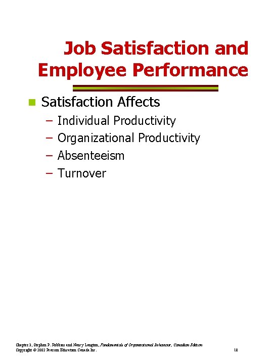 Job Satisfaction and Employee Performance n Satisfaction Affects – – Individual Productivity Organizational Productivity