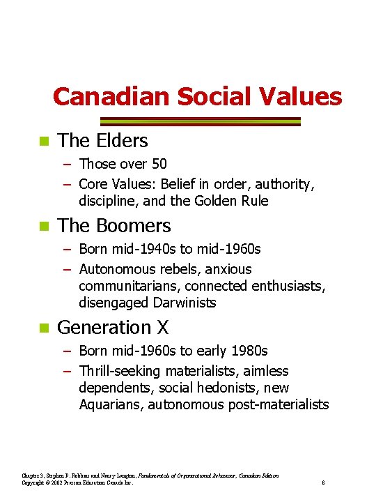 Canadian Social Values n The Elders – Those over 50 – Core Values: Belief