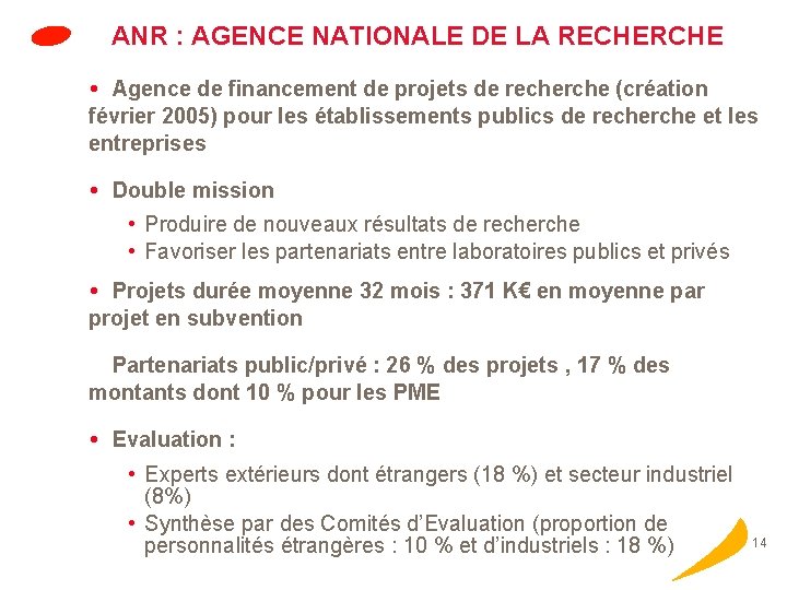 ANR : AGENCE NATIONALE DE LA RECHERCHE Agence de financement de projets de recherche