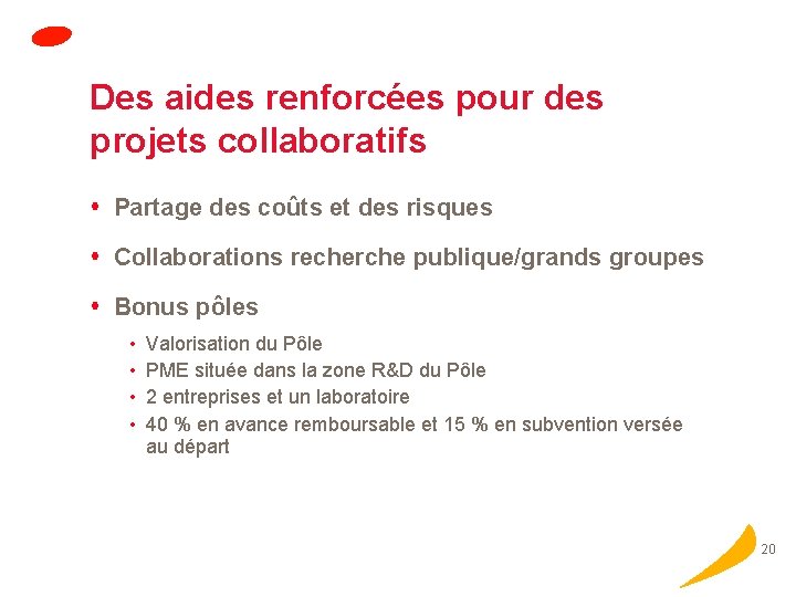 Des aides renforcées pour des projets collaboratifs Partage des coûts et des risques Collaborations