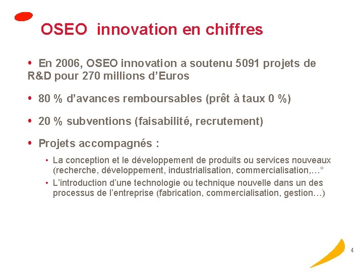 OSEO innovation en chiffres En 2006, OSEO innovation a soutenu 5091 projets de R&D