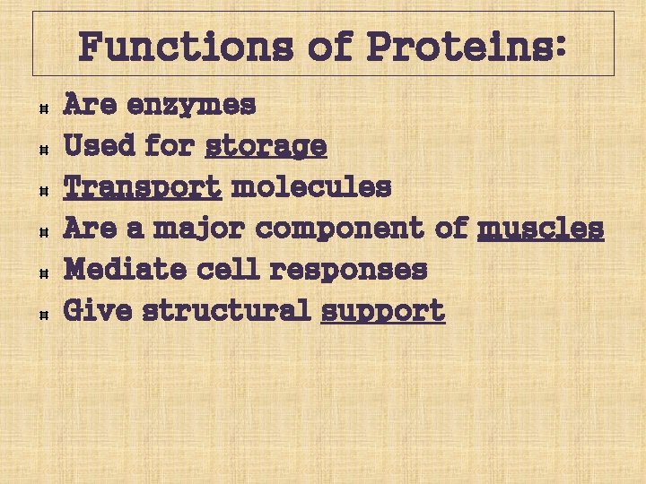 Functions of Proteins: Are enzymes Used for storage Transport molecules Are a major component