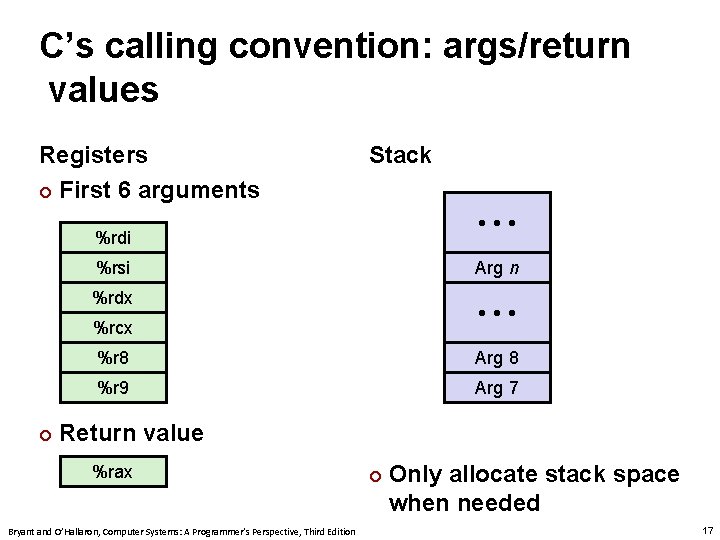 C’s calling convention: args/return values Registers ¢ First 6 arguments Stack • • •