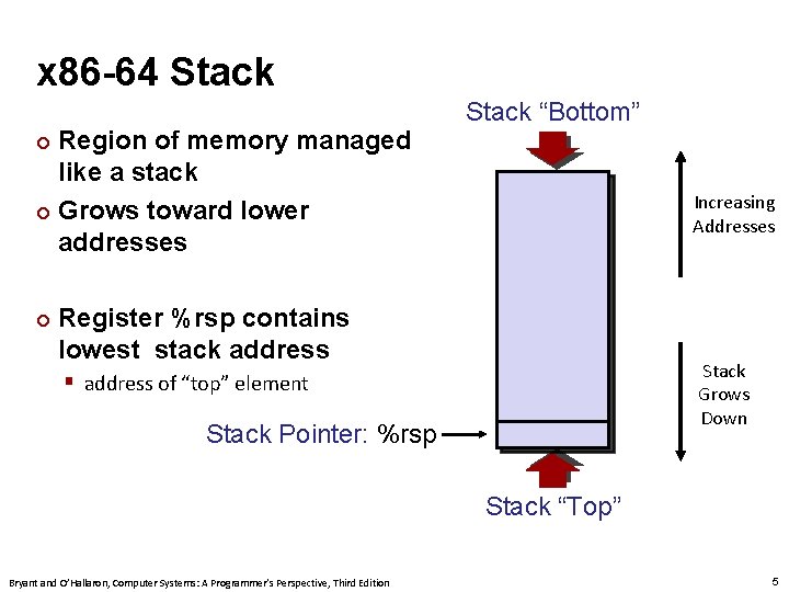 x 86 -64 Stack Region of memory managed like a stack ¢ Grows toward