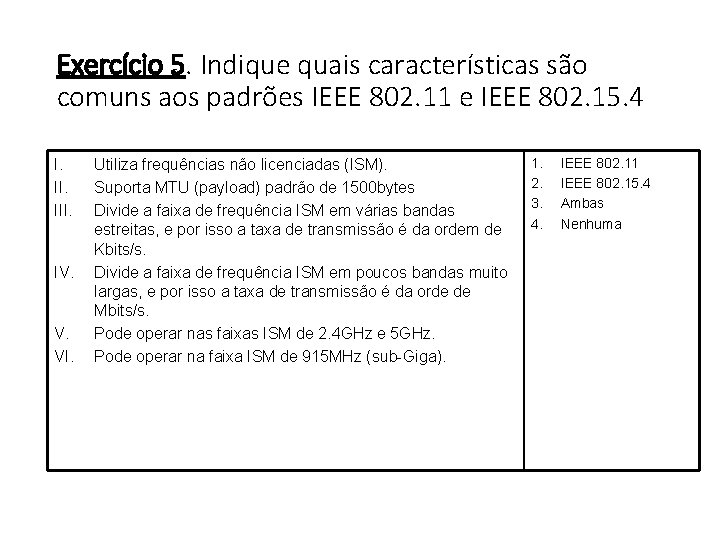 Exercício 5. Indique quais características são comuns aos padrões IEEE 802. 11 e IEEE