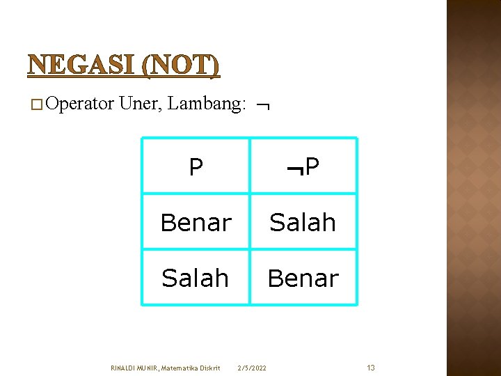 NEGASI (NOT) � Operator Uner, Lambang: P P Benar Salah Benar RINALDI MUNIR, Matematika