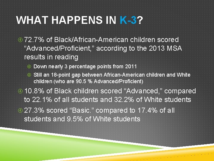 WHAT HAPPENS IN K-3? 72. 7% of Black/African-American children scored “Advanced/Proficient, ” according to