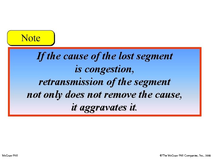 If the cause of the lost segment is congestion, retransmission of the segment not