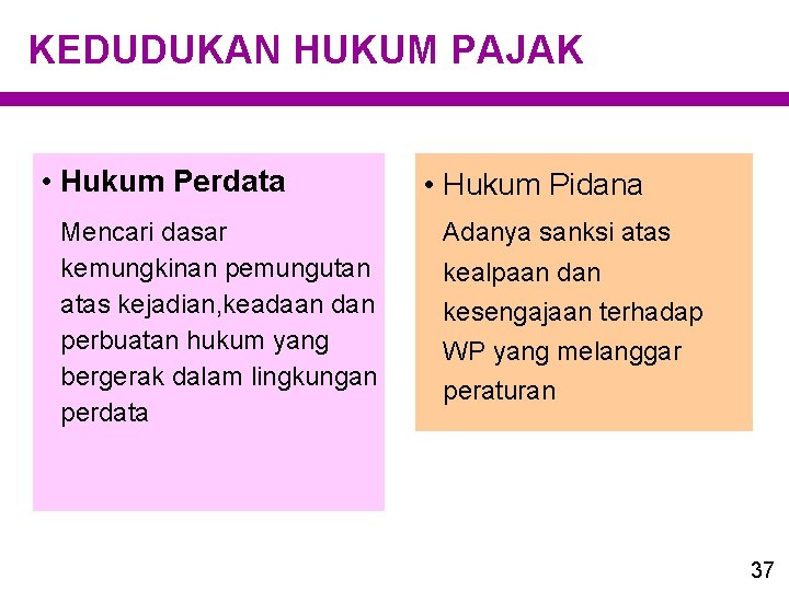 KEDUDUKAN HUKUM PAJAK • Hukum Perdata Mencari dasar kemungkinan pemungutan atas kejadian, keadaan dan