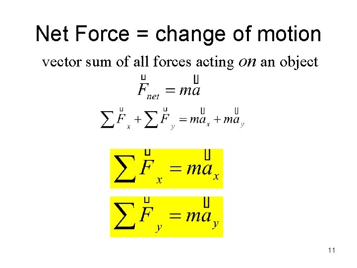 Net Force = change of motion vector sum of all forces acting on an