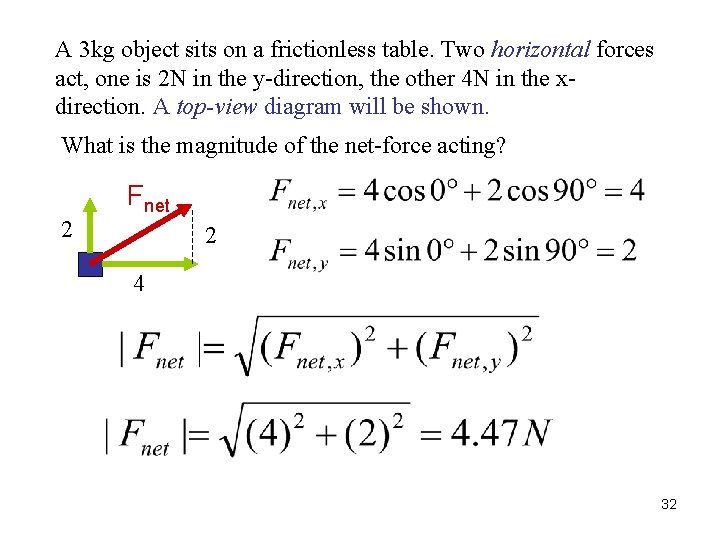 A 3 kg object sits on a frictionless table. Two horizontal forces act, one