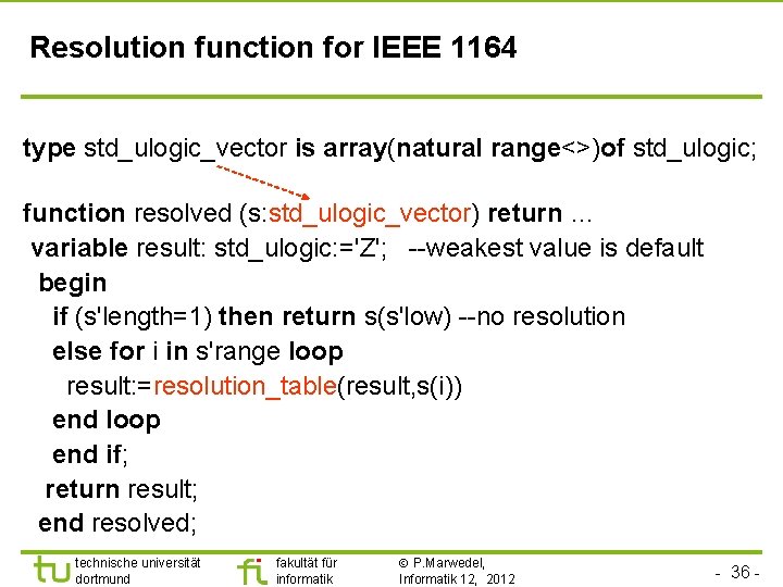 Resolution function for IEEE 1164 type std_ulogic_vector is array(natural range<>)of std_ulogic; function resolved (s: