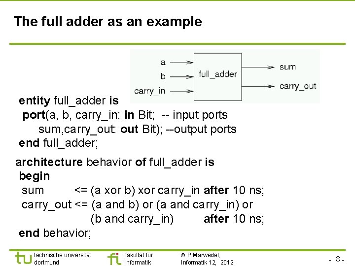 The full adder as an example entity full_adder is port(a, b, carry_in: in Bit;