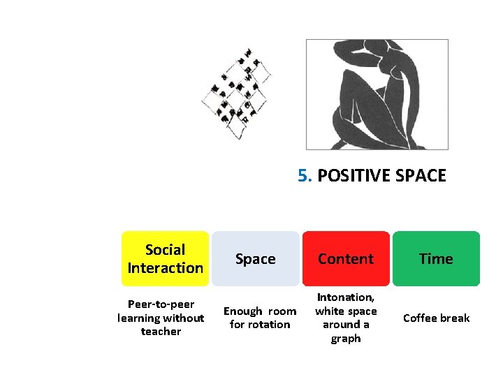 5. POSITIVE SPACE Social Interaction Peer-to-peer learning without teacher Space Enough room for rotation