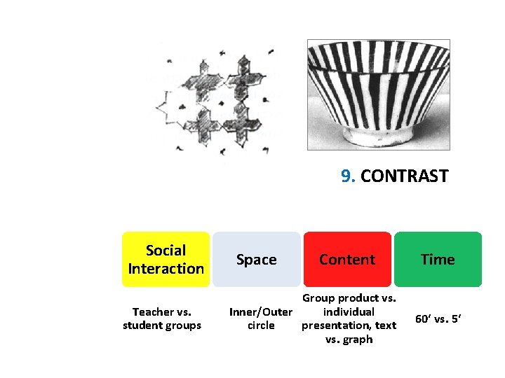 9. CONTRAST Social Interaction Teacher vs. student groups Space Content Group product vs. Inner/Outer