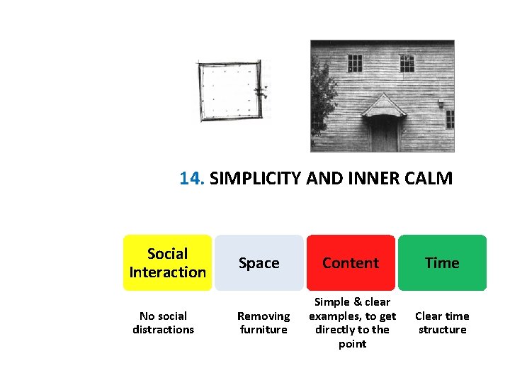 14. SIMPLICITY AND INNER CALM Social Interaction No social distractions Space Removing furniture Content