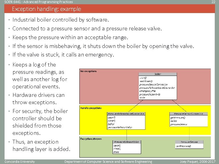 SOEN 6441 - Advanced Programming Practices 22 Exception handling: example • Industrial boiler controlled