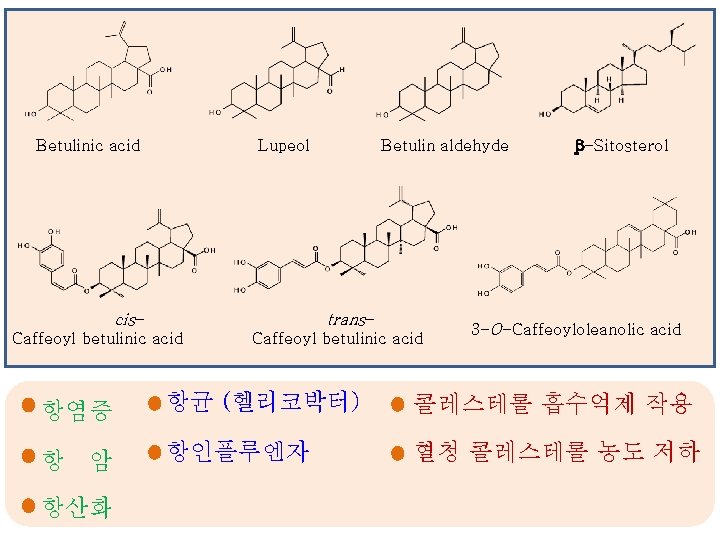 Betulinic acid Lupeol cis- Betulin aldehyde trans- Caffeoyl betulinic acid β-Sitosterol 3 -O-Caffeoyloleanolic acid