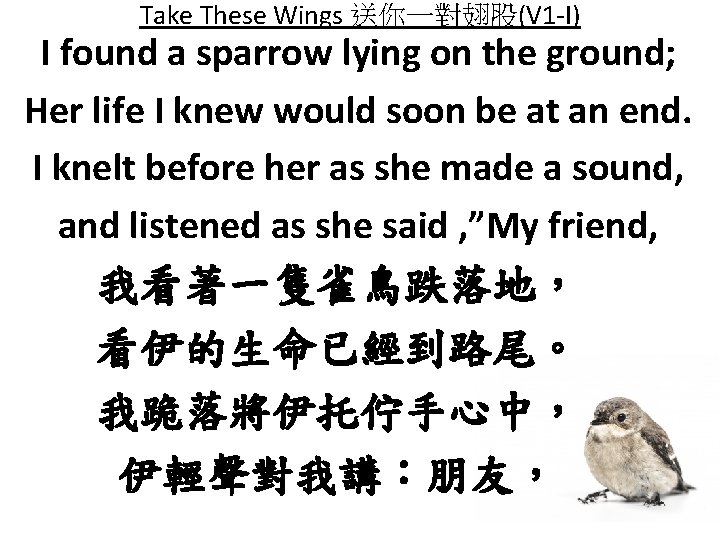 Take These Wings 送你一對翅股(V 1 -I) I found a sparrow lying on the ground;