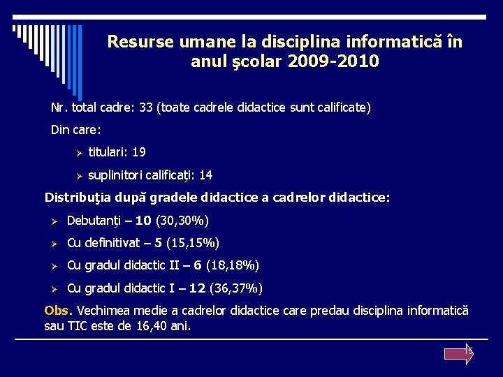 Resurse umane la disciplina informatică în anul şcolar 2009 -2010 Nr. total cadre: 33