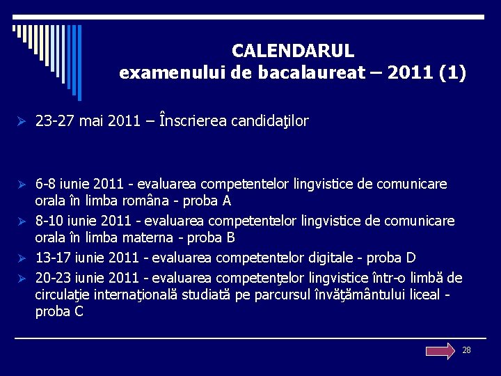 CALENDARUL examenului de bacalaureat – 2011 (1) Ø 23 -27 mai 2011 – Înscrierea