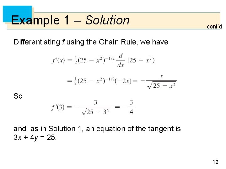 Example 1 – Solution cont’d Differentiating f using the Chain Rule, we have So
