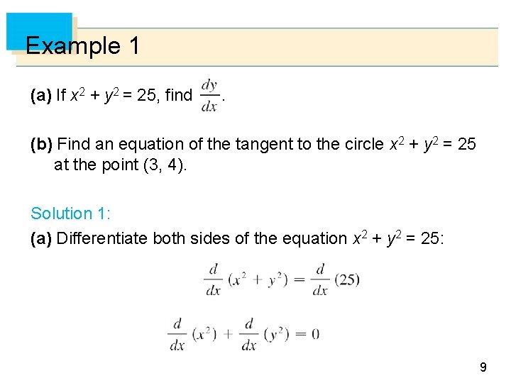 Example 1 (a) If x 2 + y 2 = 25, find . (b)