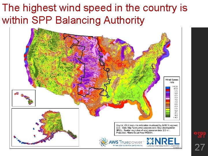 The highest wind speed in the country is within SPP Balancing Authority 27 