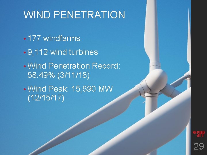 WIND PENETRATION • 177 windfarms • 9, 112 wind turbines • Wind Penetration Record: