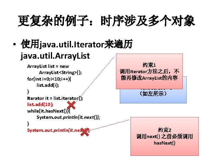 更复杂的例子：时序涉及多个对象 • 使用java. util. Iterator来遍历 java. util. Array. List list = new Array. List<String>();