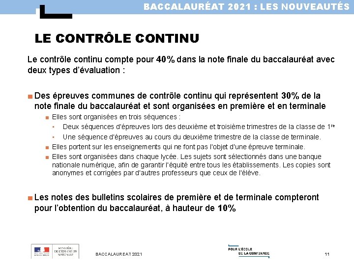 BACCALAURÉAT 2021 : LES NOUVEAUTÉS LE CONTRÔLE CONTINU Le contrôle continu compte pour 40%