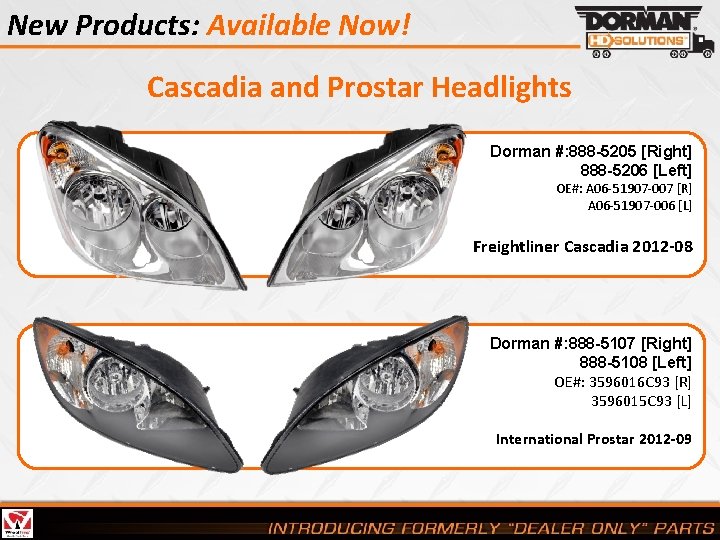 New Products: Available Now! Cascadia and Prostar Headlights Dorman #: 888 -5205 [Right] 888