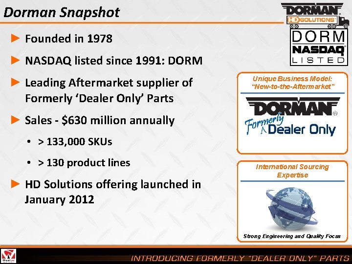 Dorman Snapshot ► Founded in 1978 ► NASDAQ listed since 1991: DORM ► Leading