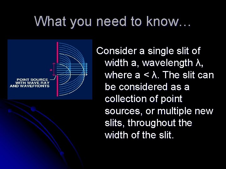 What you need to know… Consider a single slit of width a, wavelength λ,