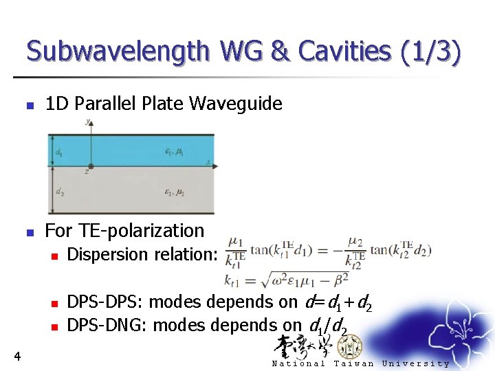 Subwavelength WG & Cavities (1/3) n 1 D Parallel Plate Waveguide n For TE-polarization