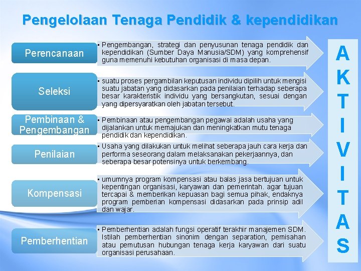 Pengelolaan Tenaga Pendidik & kependidikan Perencanaan • Pengembangan, strategi dan penyusunan tenaga pendidik dan