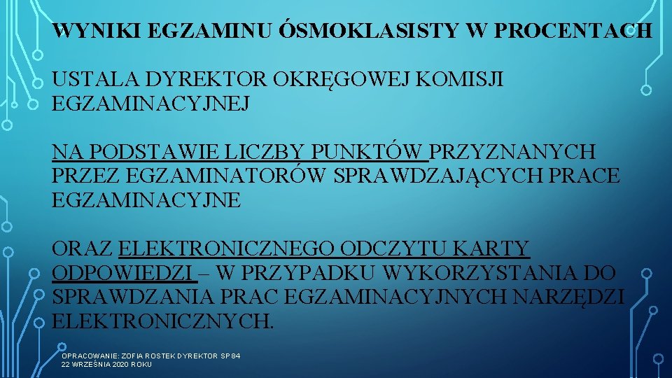 WYNIKI EGZAMINU ÓSMOKLASISTY W PROCENTACH USTALA DYREKTOR OKRĘGOWEJ KOMISJI EGZAMINACYJNEJ NA PODSTAWIE LICZBY PUNKTÓW