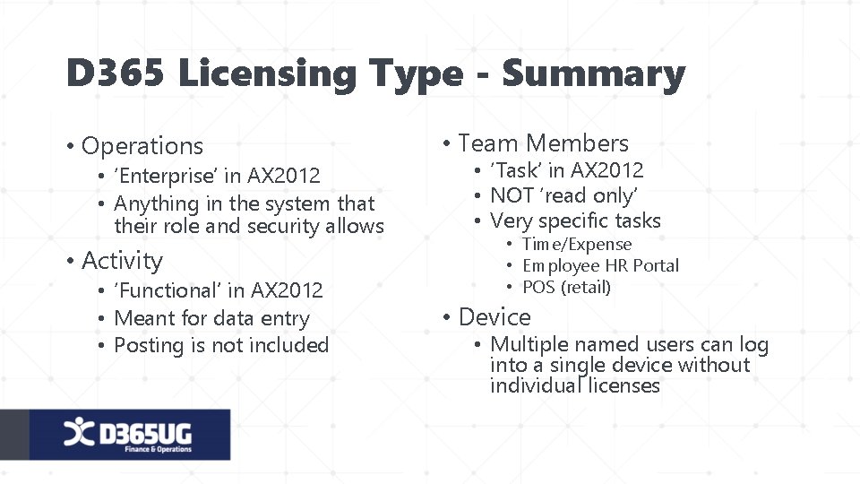 D 365 Licensing Type - Summary • Operations • ‘Enterprise’ in AX 2012 •