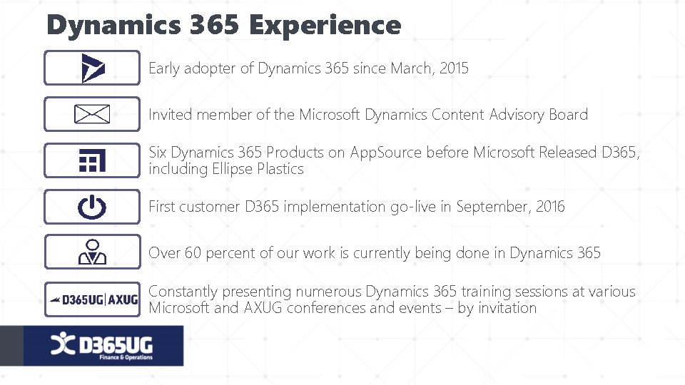 Dynamics 365 Experience Early adopter of Dynamics 365 since March, 2015 Invited member of