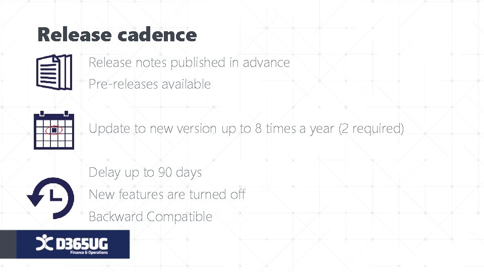 Release cadence Release notes published in advance Pre-releases available Update to new version up