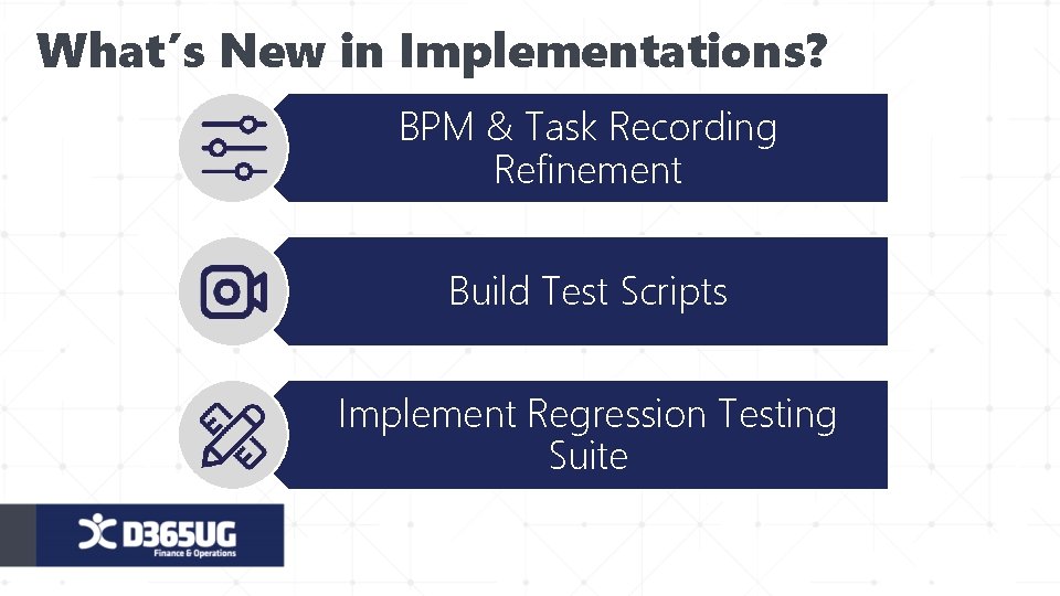 What’s New in Implementations? BPM & Task Recording Refinement Build Test Scripts Implement Regression