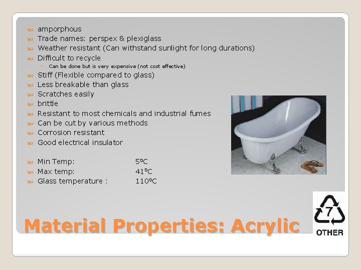  amporphous Trade names: perspex & plexiglass Weather resistant (Can withstand sunlight for long