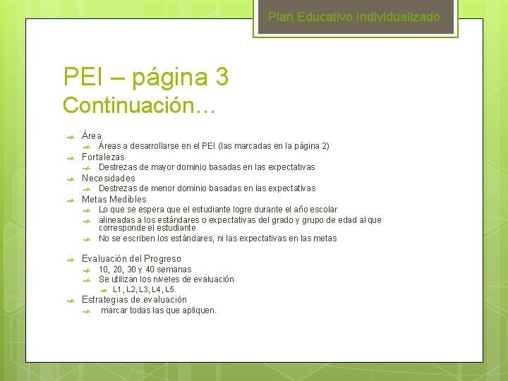 Plan Educativo Individualizado PEI – página 3 Continuación… Área Fortalezas Destrezas de mayor dominio