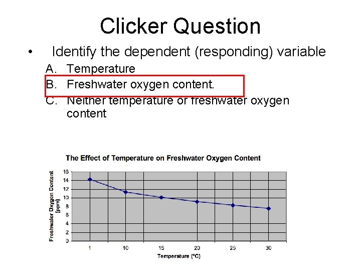 Clicker Question • Identify the dependent (responding) variable A. Temperature B. Freshwater oxygen content.
