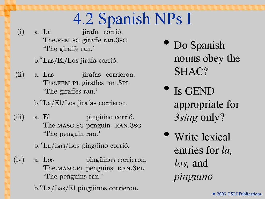 4. 2 Spanish NPs I • Do Spanish nouns obey the SHAC? • Is