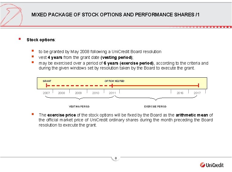 MIXED PACKAGE OF STOCK OPTIONS AND PERFORMANCE SHARES /1 § Stock options: § §