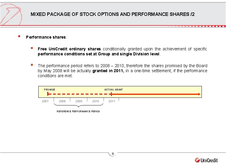 MIXED PACKAGE OF STOCK OPTIONS AND PERFORMANCE SHARES /2 § Performance shares: § Free