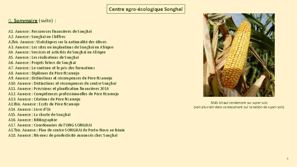 Centre agro-écologique Songhaï 0. Sommaire (suite) : A 1. Annexe : Ressources financières de