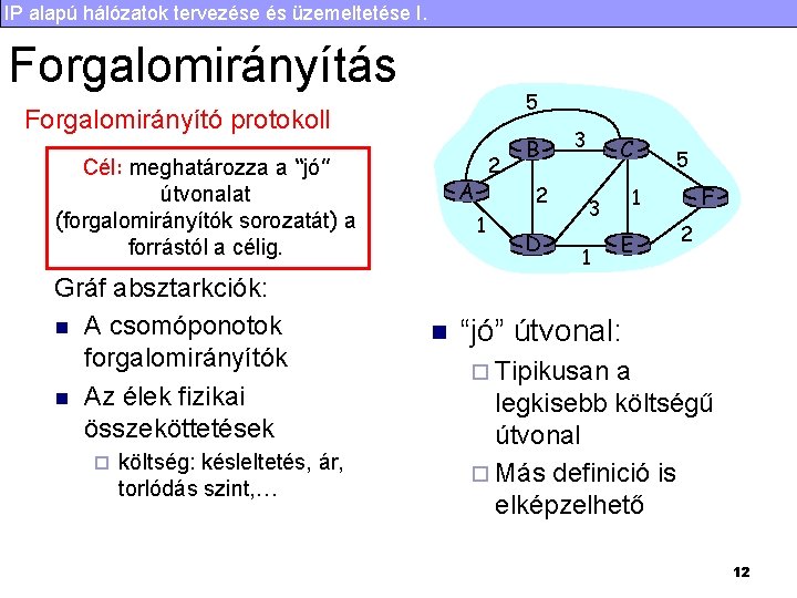 IP alapú hálózatok tervezése és üzemeltetése I. Forgalomirányítás 5 Forgalomirányító protokoll Cél: meghatározza a